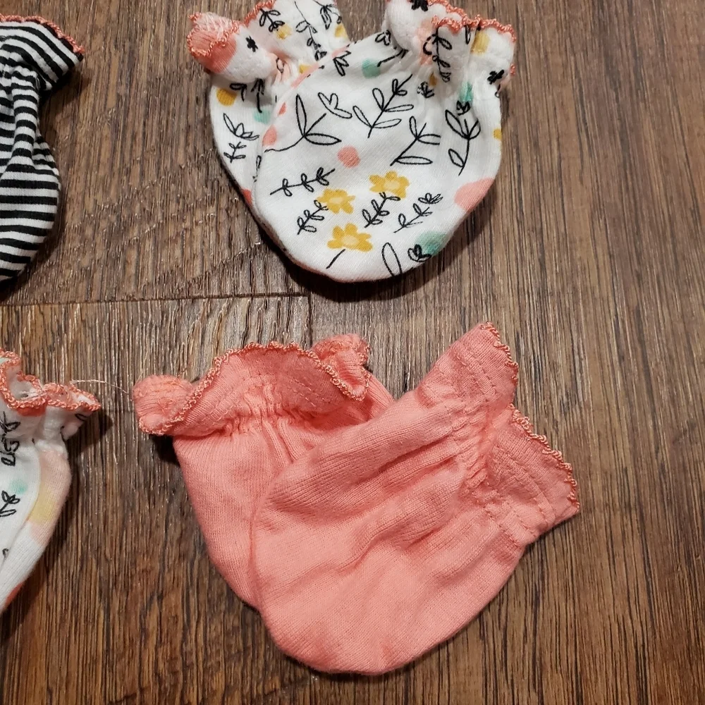 Gerber 4 Organic Cotton Baby Girl Mitts Mittens Pink White Floral Stripe Ruffle